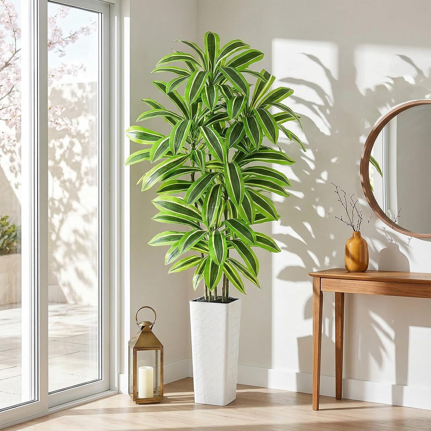 Artificial Dracaena Tree - 5FT Tall Fake Plants with White Tall Planter - Artificial Plants Indoor Floor Plant in Pot - Large Tropical Fake Yucca Potted Tree for Home Office Living Room Decor