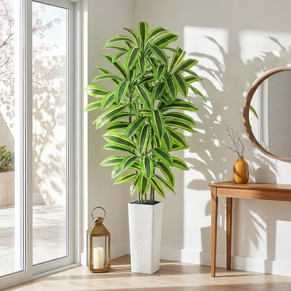 Artificial Dracaena Tree - 5FT Tall Fake Plants with White Tall Planter - Artificial Plants Indoor Floor Plant in Pot - Large Tropical Fake Yucca Potted Tree for Home Office Living Room Decor