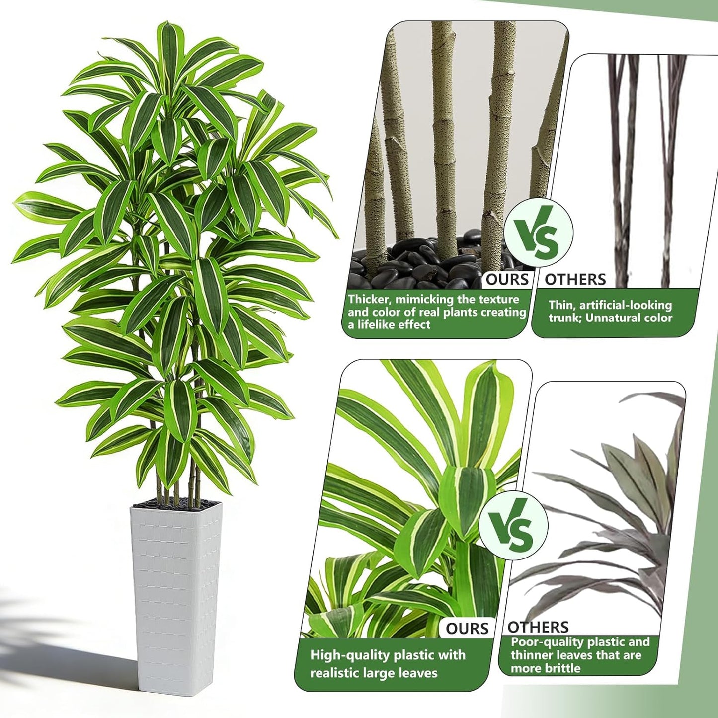 Artificial Dracaena Tree - 5FT Tall Fake Plants with White Tall Planter - Artificial Plants Indoor Floor Plant in Pot - Large Tropical Fake Yucca Potted Tree for Home Office Living Room Decor