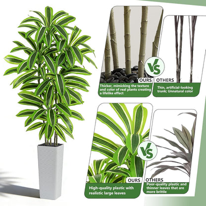 Artificial Dracaena Tree - 5FT Tall Fake Plants with White Tall Planter - Artificial Plants Indoor Floor Plant in Pot - Large Tropical Fake Yucca Potted Tree for Home Office Living Room Decor