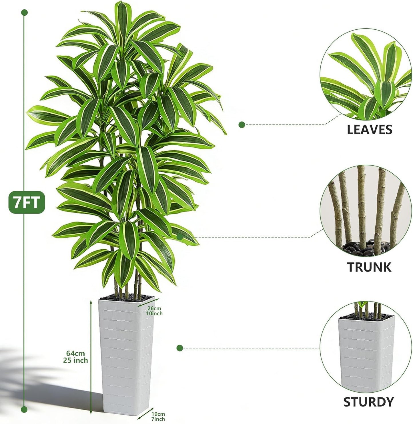 Artificial Dracaena Tree - 5FT Tall Fake Plants with White Tall Planter - Artificial Plants Indoor Floor Plant in Pot - Large Tropical Fake Yucca Potted Tree for Home Office Living Room Decor