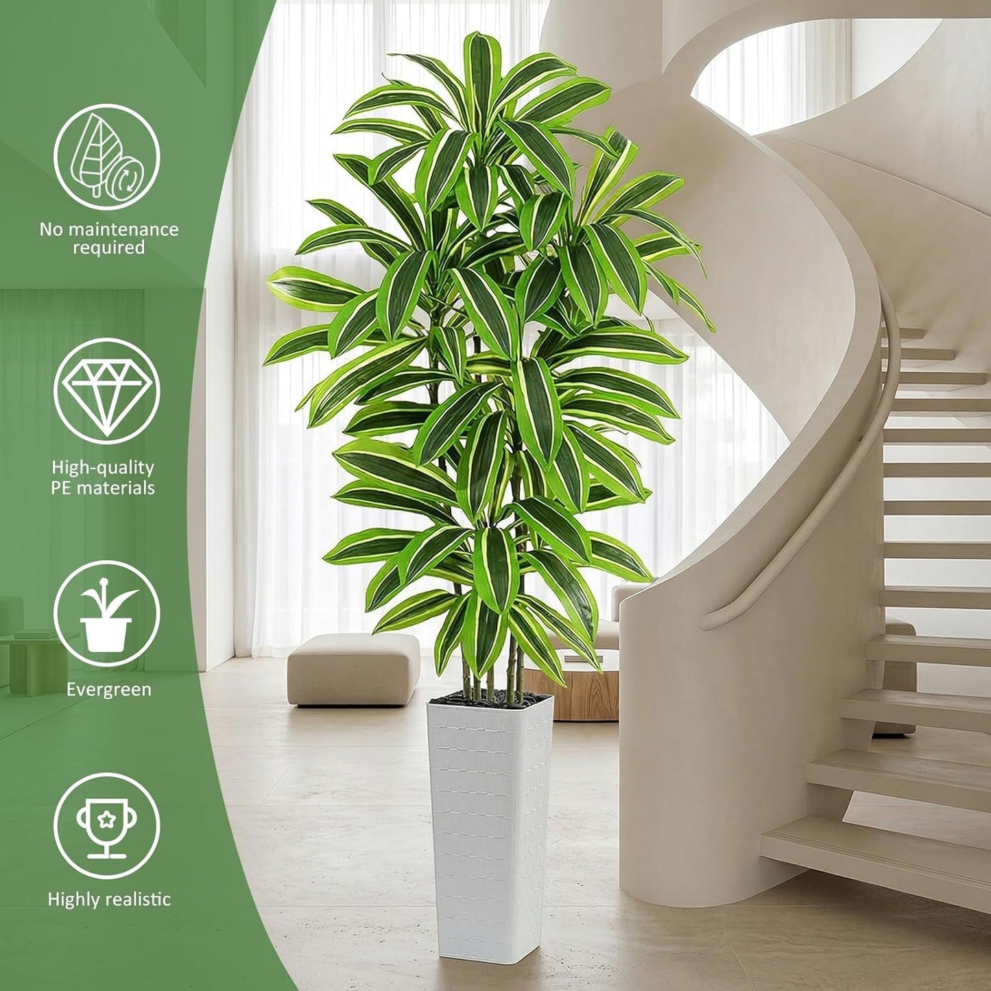 Artificial Dracaena Tree - 5FT Tall Fake Plants with White Tall Planter - Artificial Plants Indoor Floor Plant in Pot - Large Tropical Fake Yucca Potted Tree for Home Office Living Room Decor