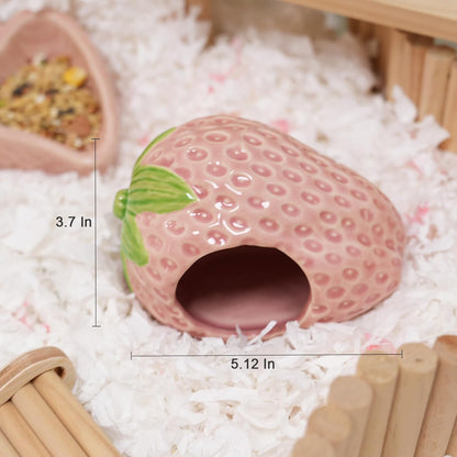 Ceramic Hamster Hideout Strawberry Chew Proof Syrian Hide Cool Bed