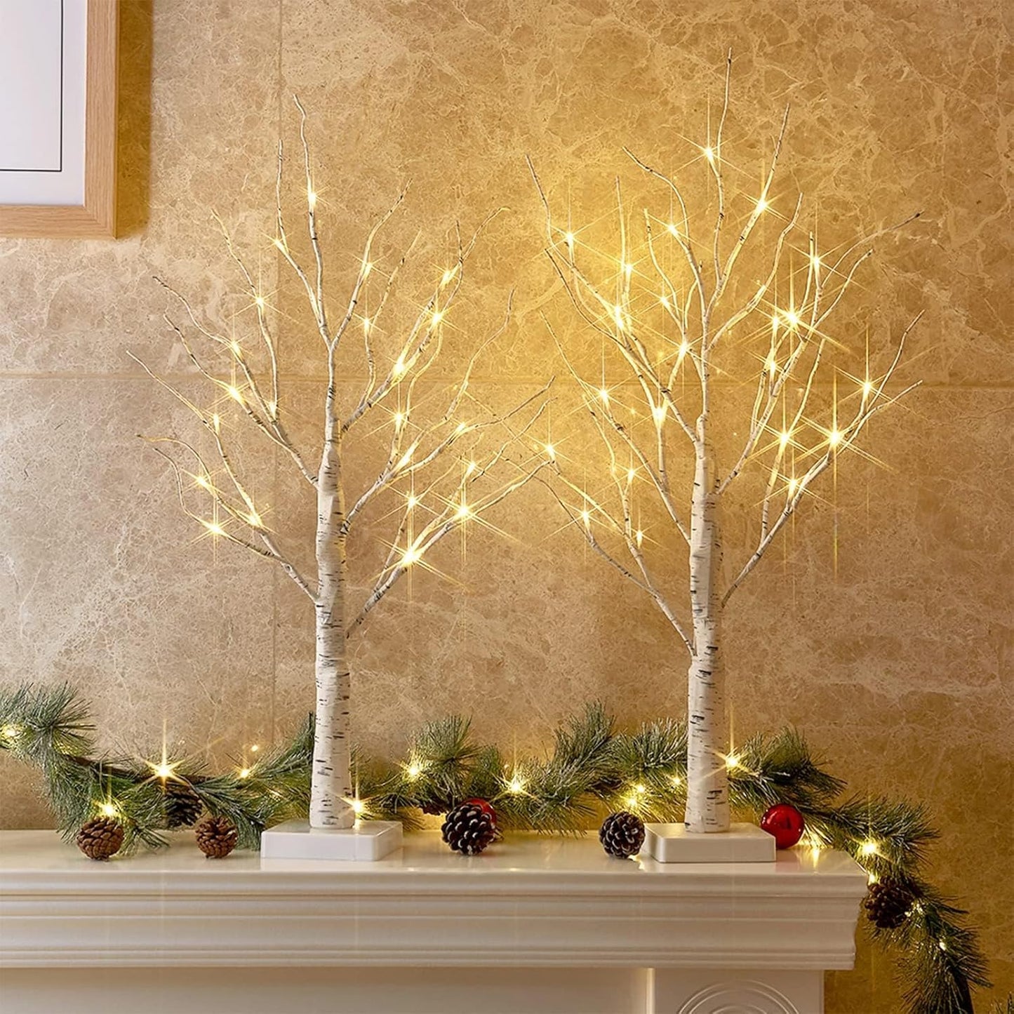 Home Decor, 2FT Birch Tree with LED Lights, Warm White Light up Tree Lamp, Artificial Trees for Home Table Inside, Battery Powered, Timer (2PK)