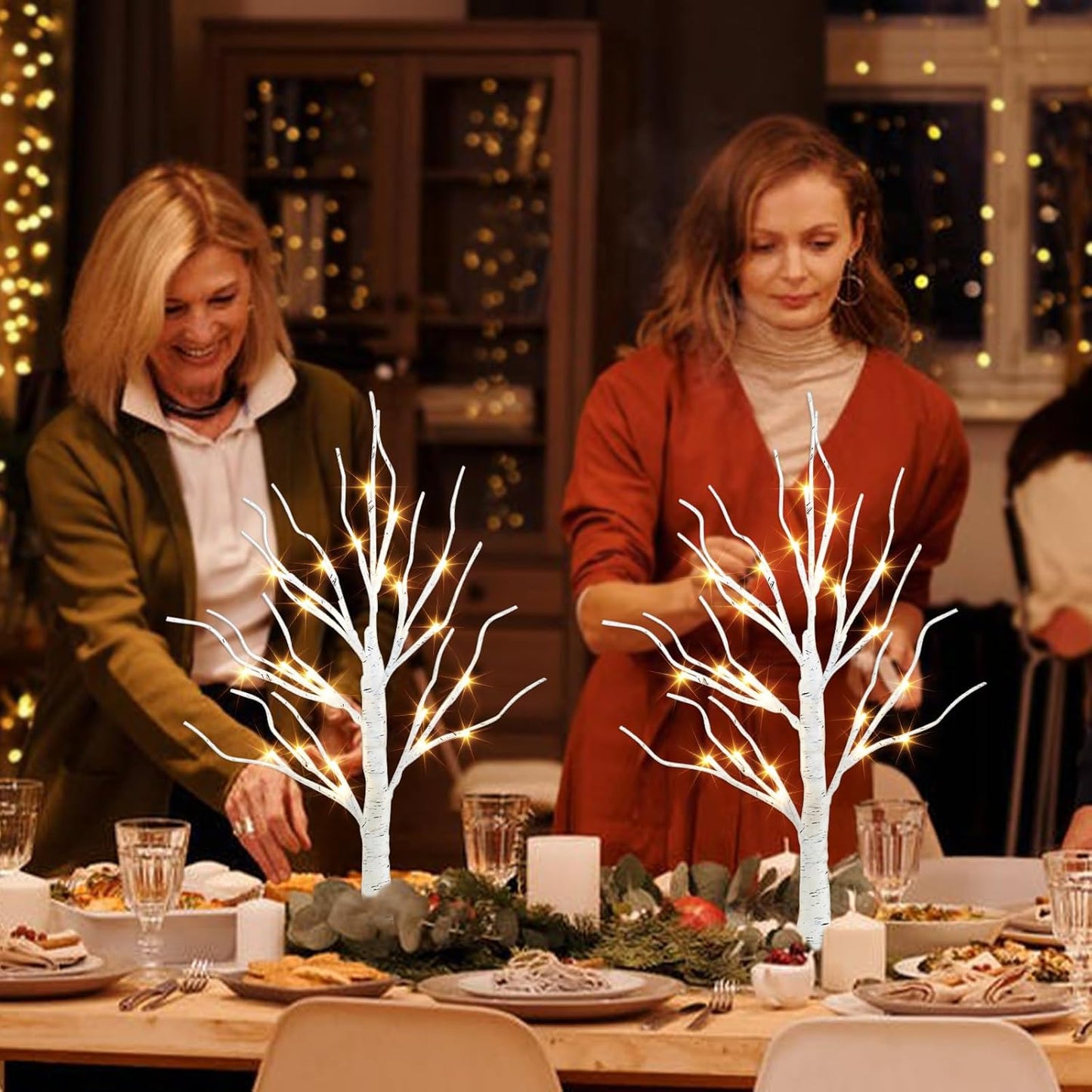 Home Decor, 2FT Birch Tree with LED Lights, Warm White Light up Tree Lamp, Artificial Trees for Home Table Inside, Battery Powered, Timer (2PK)
