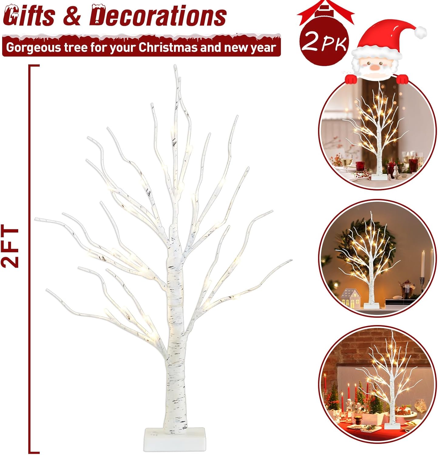 Home Decor, 2FT Birch Tree with LED Lights, Warm White Light up Tree Lamp, Artificial Trees for Home Table Inside, Battery Powered, Timer (2PK)