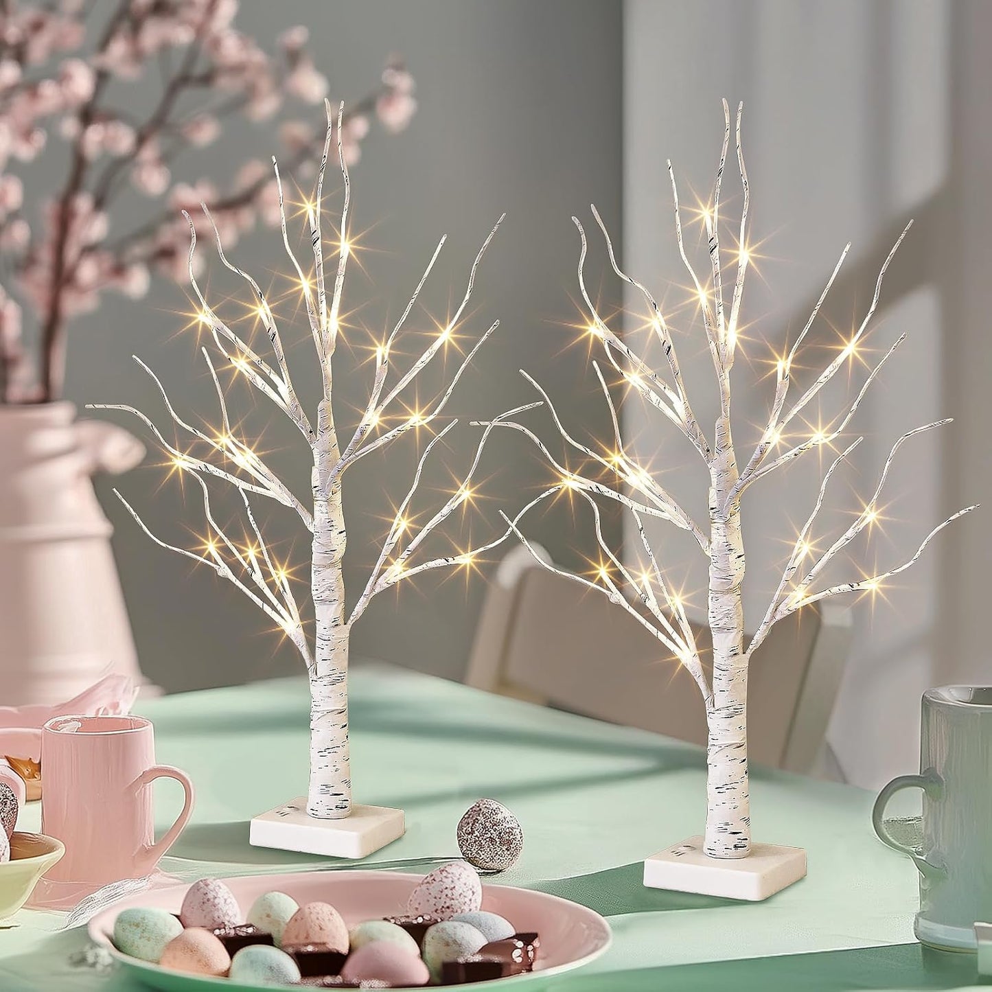 Home Decor, 2FT Birch Tree with LED Lights, Warm White Light up Tree Lamp, Artificial Trees for Home Table Inside, Battery Powered, Timer (2PK)