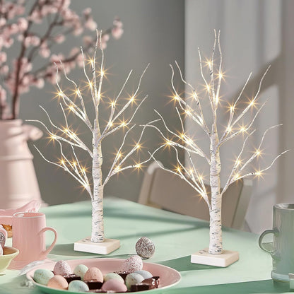 Home Decor, 2FT Birch Tree with LED Lights, Warm White Light up Tree Lamp, Artificial Trees for Home Table Inside, Battery Powered, Timer (2PK)