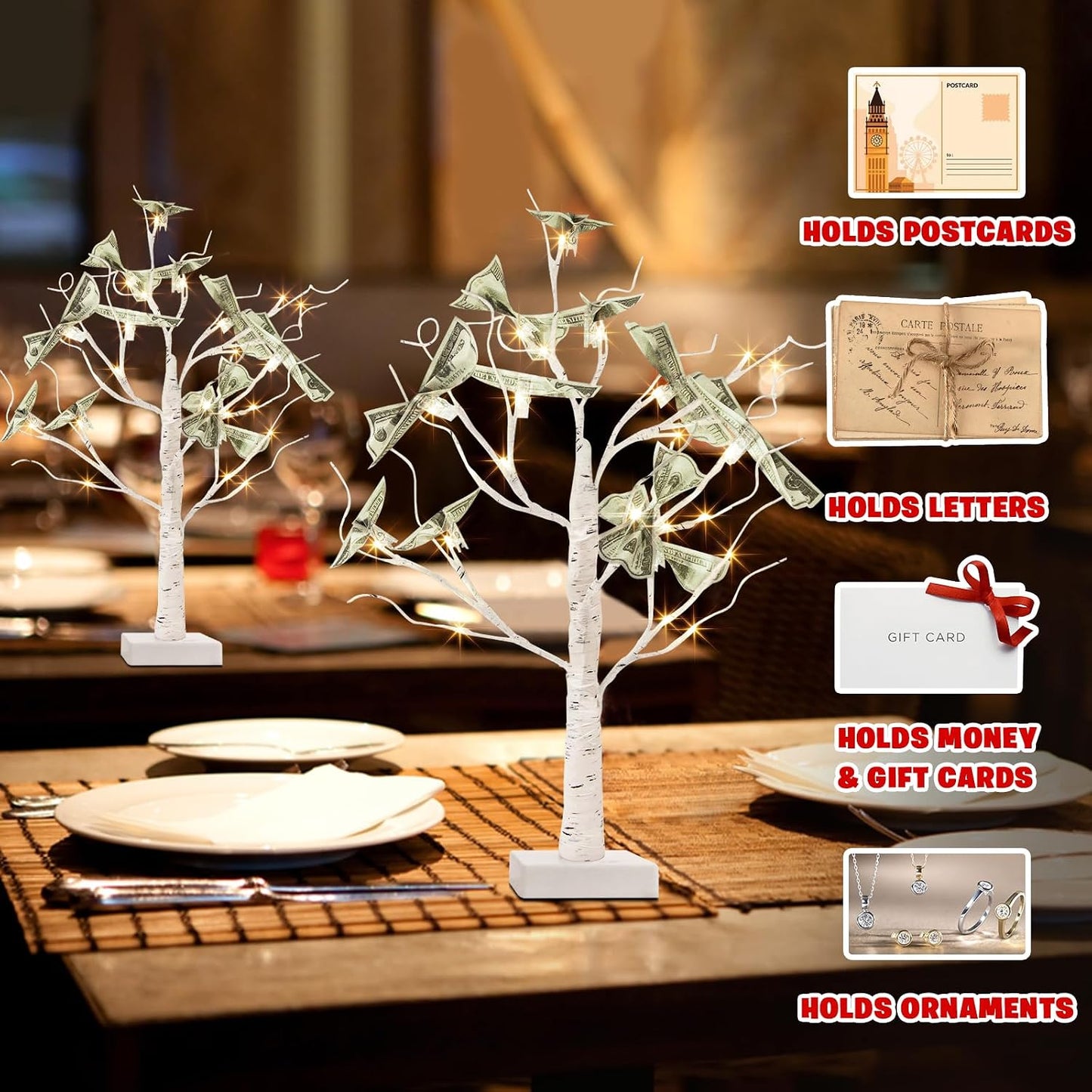 Home Decor, 2FT Birch Tree with LED Lights, Warm White Light up Tree Lamp, Artificial Trees for Home Table Inside, Battery Powered, Timer (2PK)