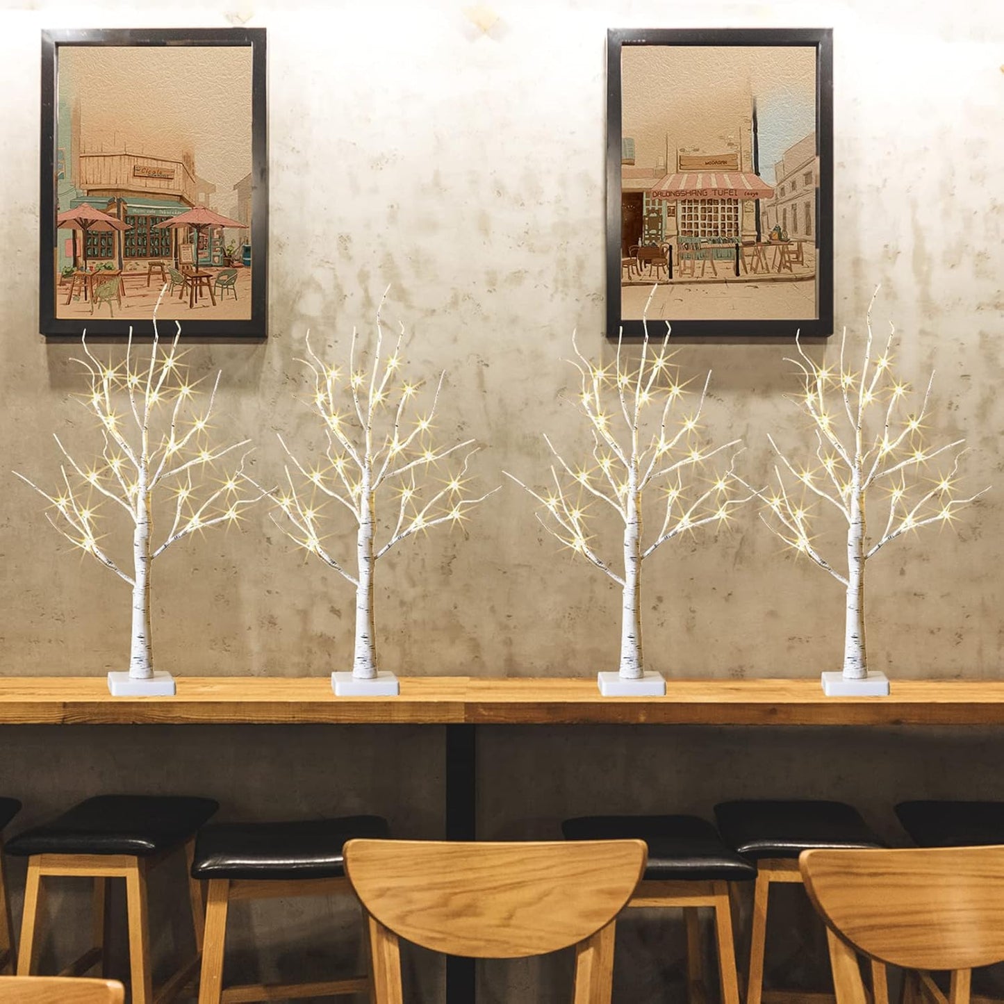 Home Decor, 2FT Birch Tree with LED Lights, Warm White Light up Tree Lamp, Artificial Trees for Home Table Inside, Battery Powered, Timer (2PK)