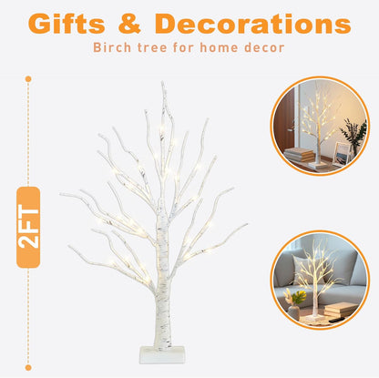 Home Decor, 2FT Birch Tree with LED Lights, Warm White Light up Tree Lamp, Artificial Trees for Home Table Inside, Battery Powered, Timer (2PK)