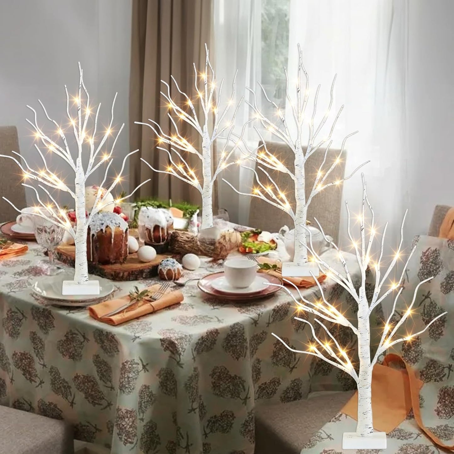 Home Decor, 2FT Birch Tree with LED Lights, Warm White Light up Tree Lamp, Artificial Trees for Home Table Inside, Battery Powered, Timer (2PK)