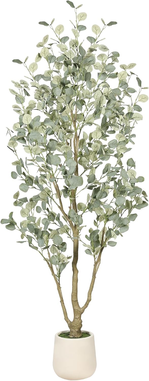 6FT Faux Eucalyptus Tree with White Exquisite Planter | Eucalyptus Trees Artificial Indoor with Silver Dollar Leaves, Natural Trunk - Tall Faux Plants for Home Office Entryway Decor
