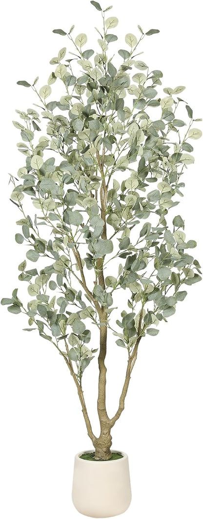 6FT Faux Eucalyptus Tree with White Exquisite Planter | Eucalyptus Trees Artificial Indoor with Silver Dollar Leaves, Natural Trunk - Tall Faux Plants for Home Office Entryway Decor