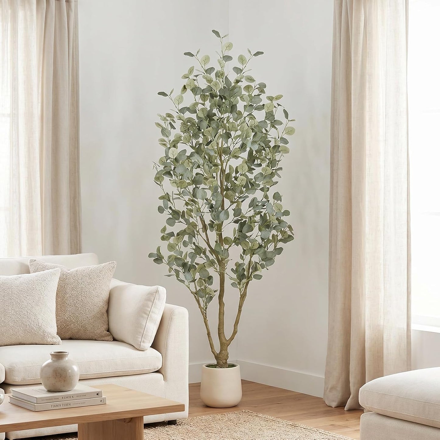 6FT Faux Eucalyptus Tree with White Exquisite Planter | Eucalyptus Trees Artificial Indoor with Silver Dollar Leaves, Natural Trunk - Tall Faux Plants for Home Office Entryway Decor