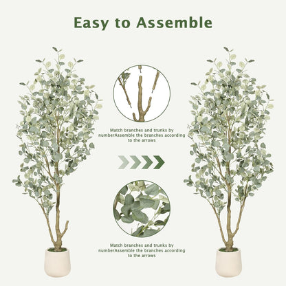 6FT Faux Eucalyptus Tree with White Exquisite Planter | Eucalyptus Trees Artificial Indoor with Silver Dollar Leaves, Natural Trunk - Tall Faux Plants for Home Office Entryway Decor