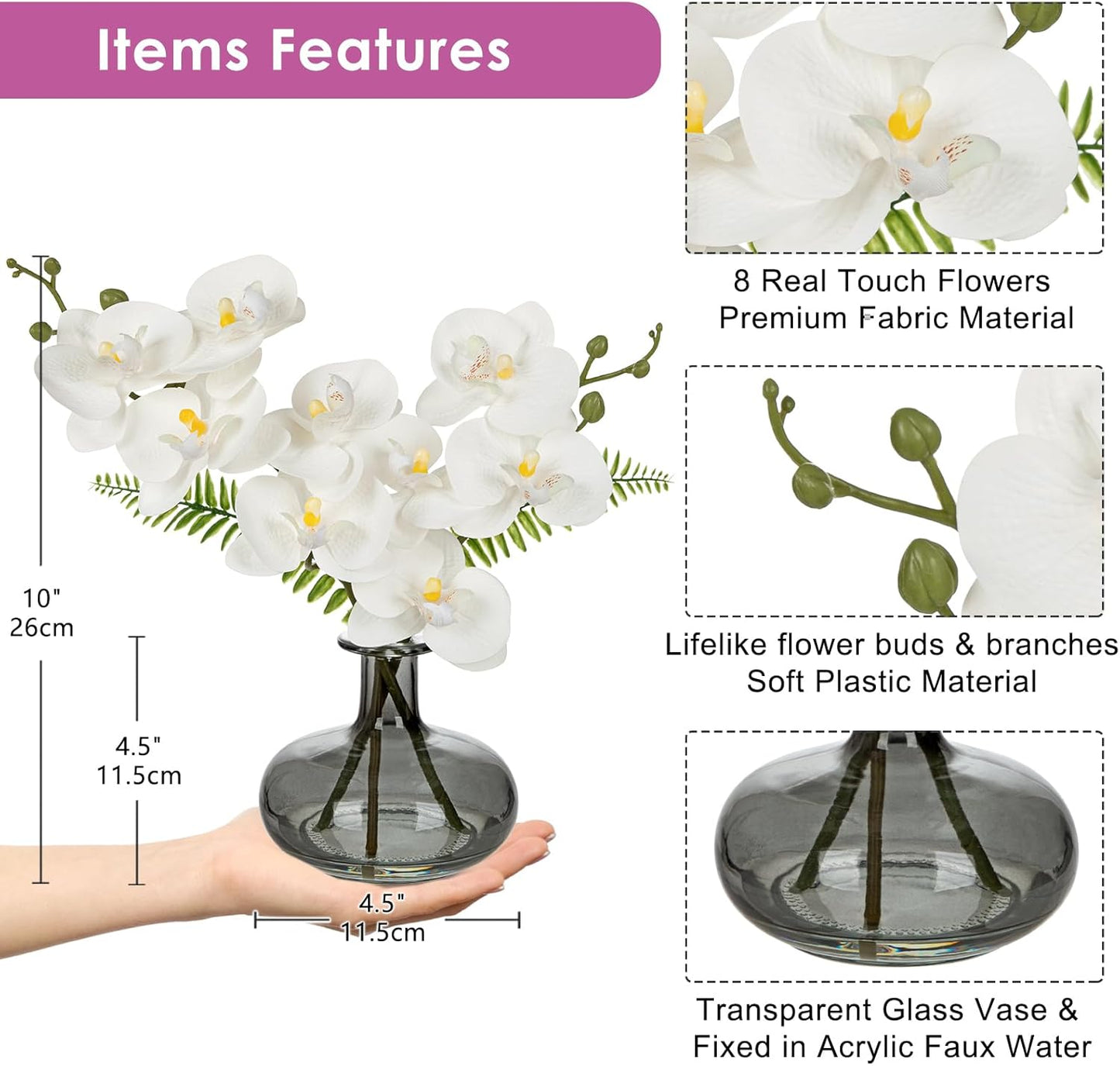 White Orchids Artificial Flowers with Vase, Small Faux Orchid Arrangement Set of 2 Fake Flowers in Glass Vases Small White Centerpieces for Kitchen Dining Room Tables Bathroom Nightstand Shelf Decor