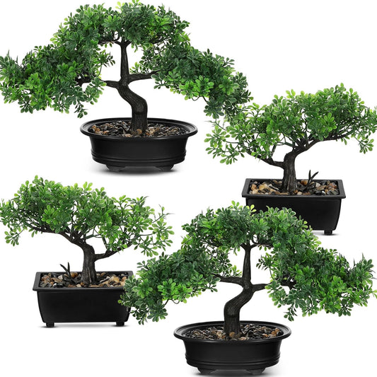 4 Pack Artificial Bonsai Tree, Indoor Small Fake Plants in Pots for Home Table Office Desk Bathroom Shelf Bookshelf Bedroom Living Room Farmhouse Decorations