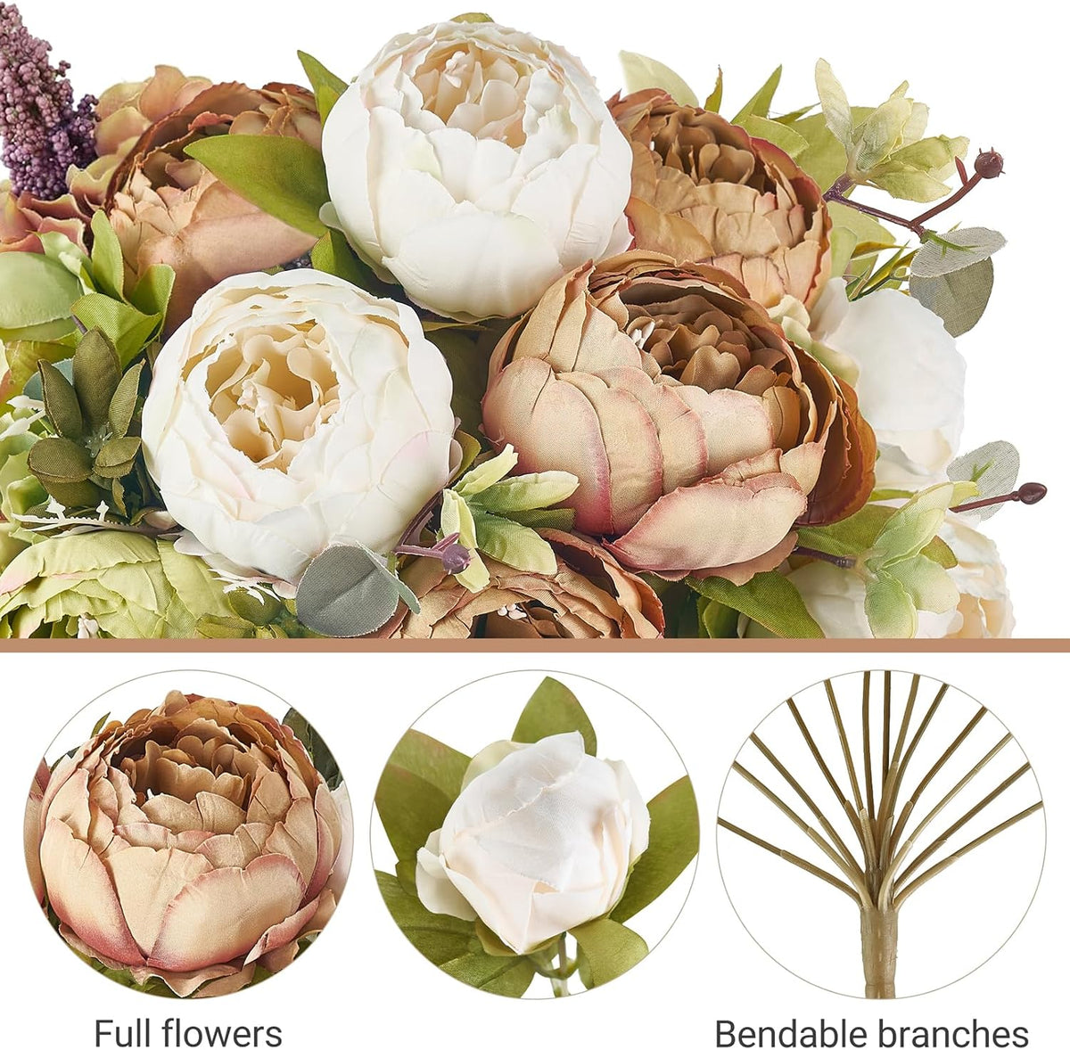 Peonies Artificial Flowers, 13 Stems Faux Peonies Real Touch 2 Pack