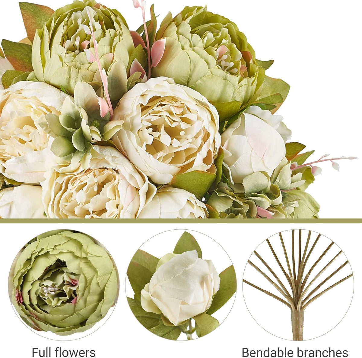 Peonies Artificial Flowers, 13 Stems Faux Peonies Real Touch 2 Pack