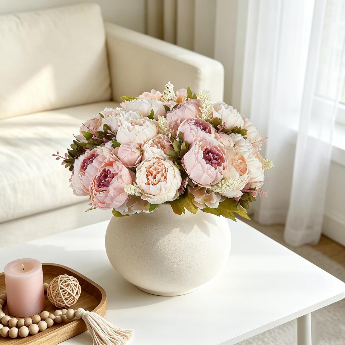 Peonies Artificial Flowers, 13 Stems Faux Peonies Real Touch 2 Pack