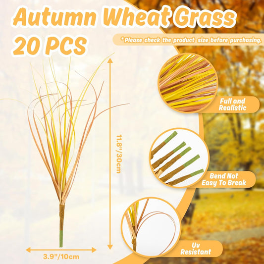 20PCS Artificial Fall Flowers - UV Resistant Wheat Grass Stems | Realistic Autumn Greenery for Vase, Garden, Farmhouse and Holiday Decor With Natural Wheat Grass Look for Indoor Outdoor