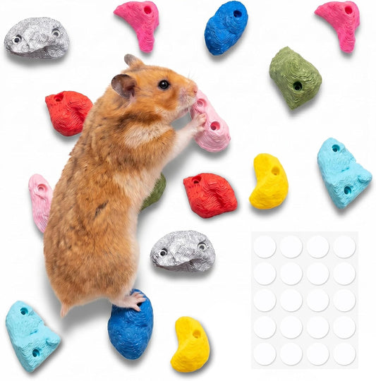 16 PCS Hamster Climbing Wall Toys, 8 Assorted Shapes & Colors Smooth Bite Resistant Climbing Holds, Traceless Adhesive Small Animal Cage Enrichment for Syrian Dwarf Hamsters, Gerbils & Mice
