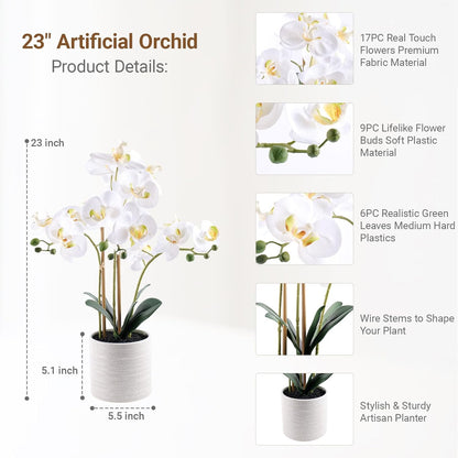 Fake Orchid Plant 19" Tall, Realistic Touch Leaves, Potted Cymbidium Artificial Plants Indoor for Home Decor Small Office Home Living Room-White