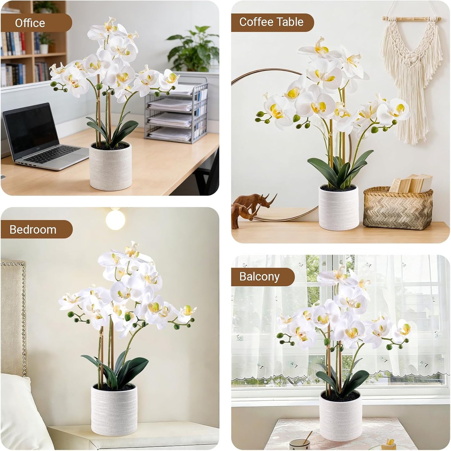 Fake Orchid Plant 19" Tall, Realistic Touch Leaves, Potted Cymbidium Artificial Plants Indoor for Home Decor Small Office Home Living Room-White