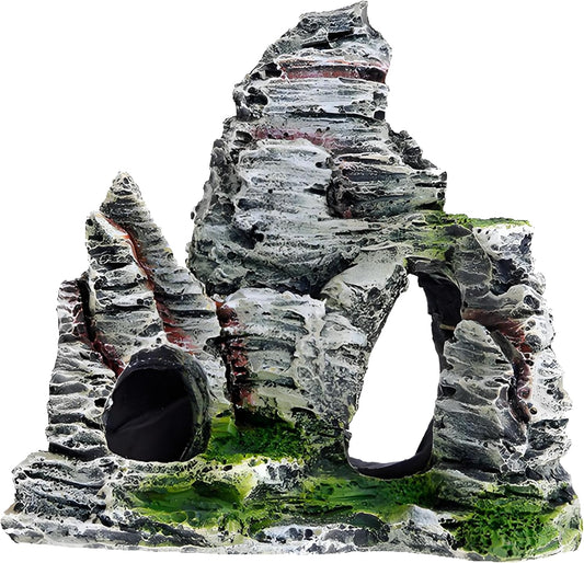 Resin Aquarium Stone Cave with Artificial Moss – Natural Rock Mountain Ornament for Fish Tank, Shrimp & Betta Hiding, Reptile Habitat Decoration, Small Landscape Terrain Accessory for Aquatic Decor