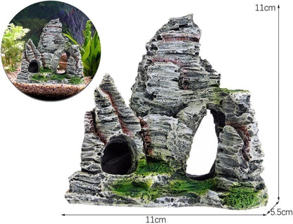 Resin Aquarium Stone Cave with Artificial Moss – Natural Rock Mountain Ornament for Fish Tank, Shrimp & Betta Hiding, Reptile Habitat Decoration, Small Landscape Terrain Accessory for Aquatic Decor
