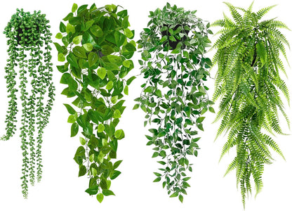 Artificial Hanging Plants for Shelf, 4 Pack Fake Potted Greenery Plant Faux Mandala Vine, String of Pearls, Ivy Vine,Persian Grass Fern in Pot for Desk Home Bathroom Farmhouse Room Table Decor