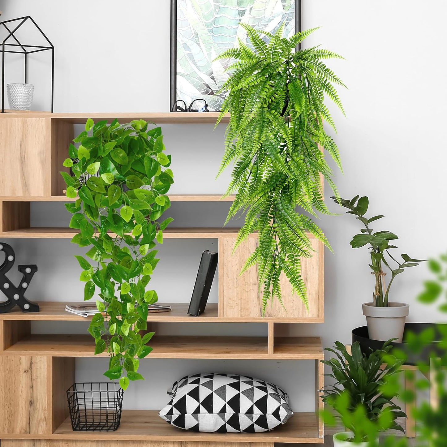 Artificial Hanging Plants for Shelf, 4 Pack Fake Potted Greenery Plant Faux Mandala Vine, String of Pearls, Ivy Vine,Persian Grass Fern in Pot for Desk Home Bathroom Farmhouse Room Table Decor