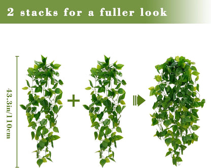 Fake Hanging Plants, Artificial Pothos Vines Faux Plants Greenery for Wall Home Living Room Office Indoor Outdoor Decor (No Baskets)