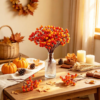 20 Pack 7 Inch Fall Artificial Orange Berry Stems Orange Berries Picks Holly Berry Branches Decorations for Tree Ornaments Fall Bouquets Wreath DIY Crafts Thanksgiving Harvest Autumn Home Decor