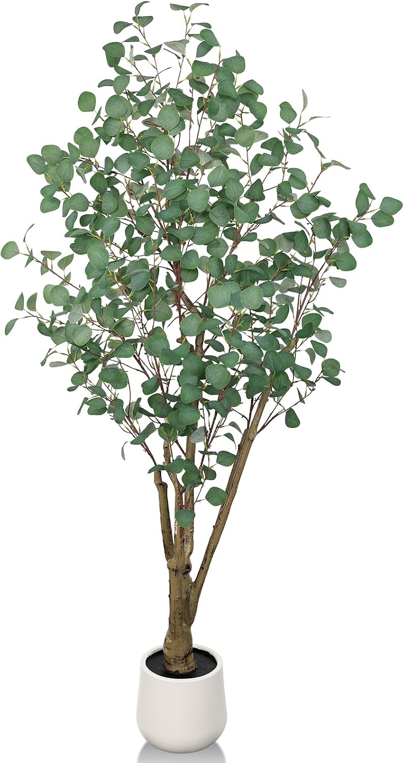 Artificial Eucalyptus Trees with White Planter, 6 FT Faux Eucalyptus Plants Indoor Tall Fake Floor Trees with Silk Leaves and Thick Trunk for Living Room Bedroom Corner Home Office Decoration