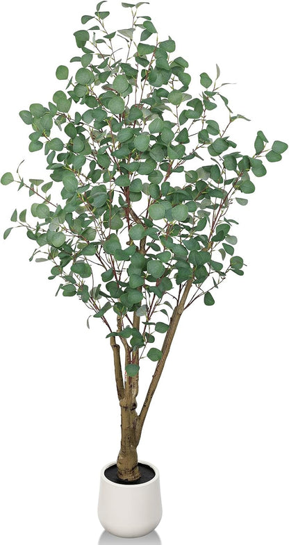 Artificial Eucalyptus Trees with White Planter, 6 FT Faux Eucalyptus Plants Indoor Tall Fake Floor Trees with Silk Leaves and Thick Trunk for Living Room Bedroom Corner Home Office Decoration