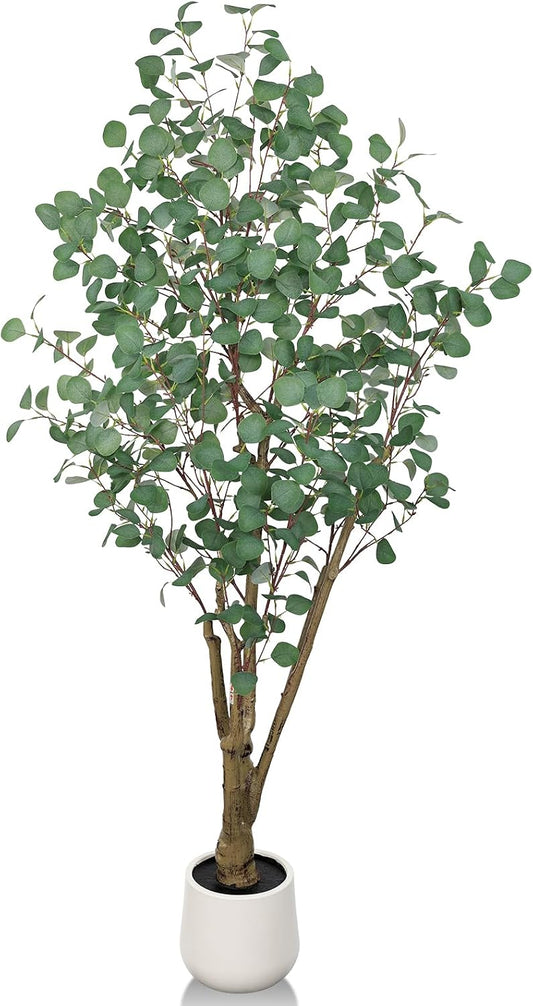 Artificial Eucalyptus Trees with White Planter, 6 FT Faux Eucalyptus Plants Indoor Tall Fake Floor Trees with Silk Leaves and Thick Trunk for Living Room Bedroom Corner Home Office Decoration