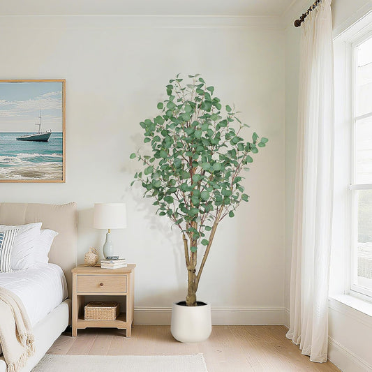Artificial Eucalyptus Trees with White Planter, 6 FT Faux Eucalyptus Plants Indoor Tall Fake Floor Trees with Silk Leaves and Thick Trunk for Living Room Bedroom Corner Home Office Decoration