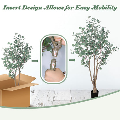 Artificial Eucalyptus Trees with White Planter, 6 FT Faux Eucalyptus Plants Indoor Tall Fake Floor Trees with Silk Leaves and Thick Trunk for Living Room Bedroom Corner Home Office Decoration