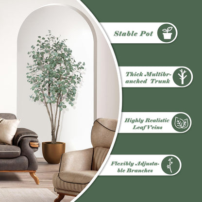 Artificial Eucalyptus Trees with White Planter, 6 FT Faux Eucalyptus Plants Indoor Tall Fake Floor Trees with Silk Leaves and Thick Trunk for Living Room Bedroom Corner Home Office Decoration