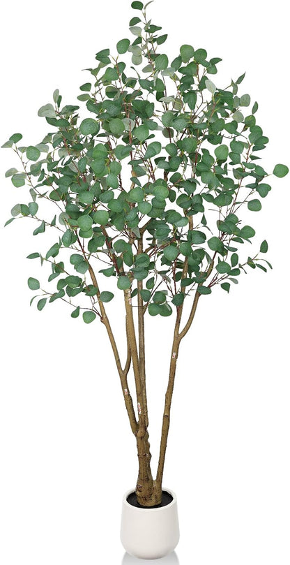 Artificial Eucalyptus Trees with White Planter, 6 FT Faux Eucalyptus Plants Indoor Tall Fake Floor Trees with Silk Leaves and Thick Trunk for Living Room Bedroom Corner Home Office Decoration