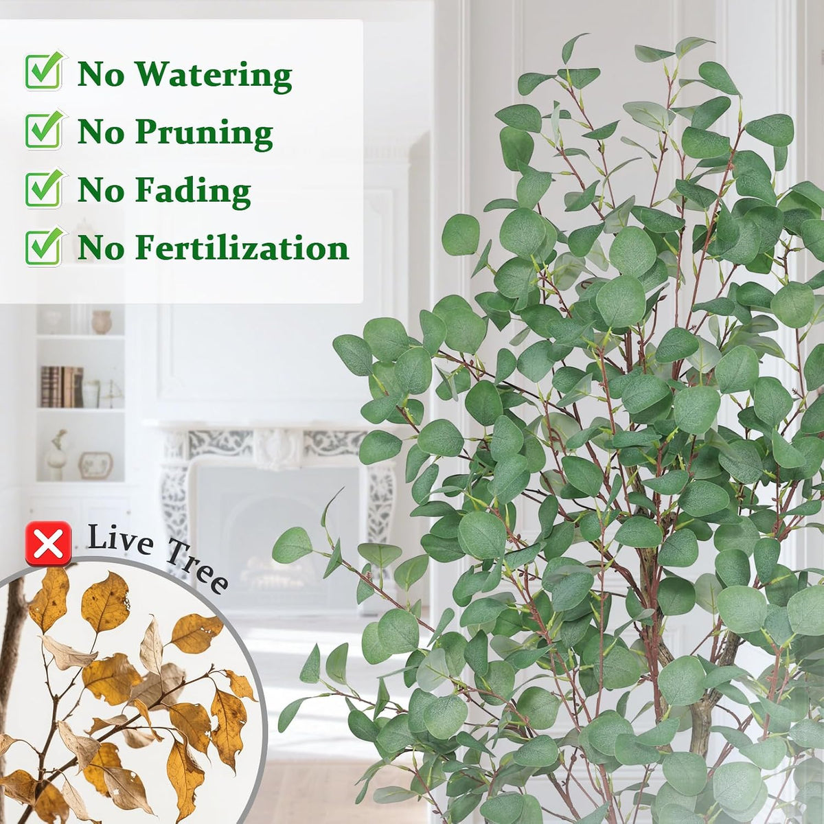 Artificial Eucalyptus Trees with White Planter, 6 FT Faux Eucalyptus Plants Indoor Tall Fake Floor Trees with Silk Leaves and Thick Trunk for Living Room Bedroom Corner Home Office Decoration