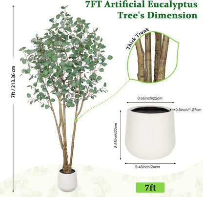 Artificial Eucalyptus Trees with White Planter, 6 FT Faux Eucalyptus Plants Indoor Tall Fake Floor Trees with Silk Leaves and Thick Trunk for Living Room Bedroom Corner Home Office Decoration