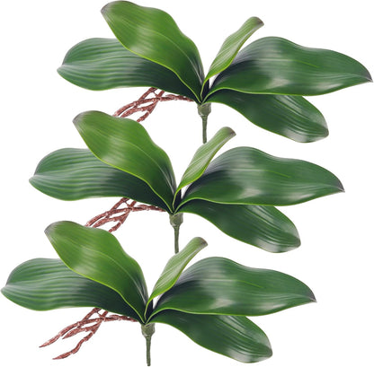3Pcs Faux Orchid Leaves Only, Greenery Stems for DIY Arrangements | Compact broad foliage refreshes one small planter and balances tall flower stems for desk, bathroom, shelf and table decor