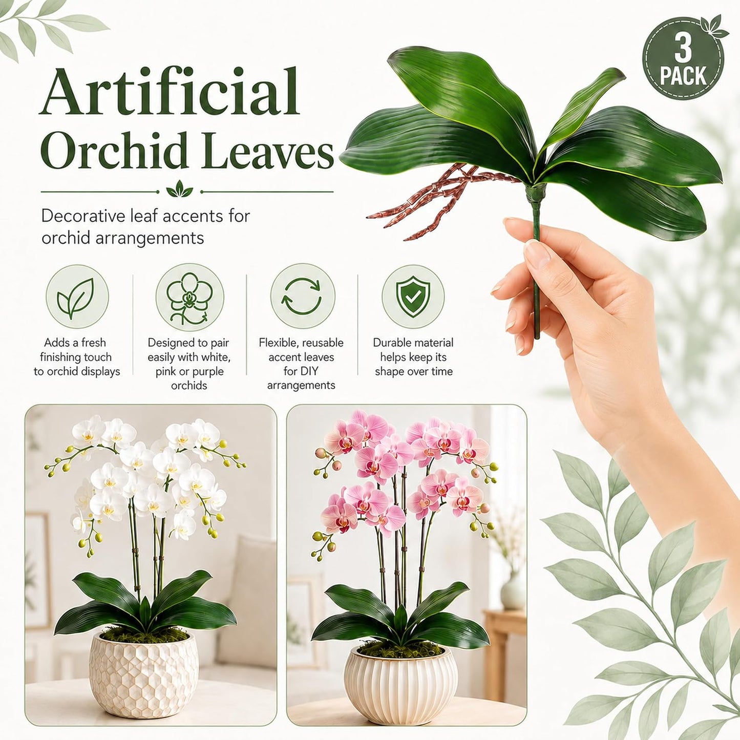 3Pcs Faux Orchid Leaves Only, Greenery Stems for DIY Arrangements | Compact broad foliage refreshes one small planter and balances tall flower stems for desk, bathroom, shelf and table decor