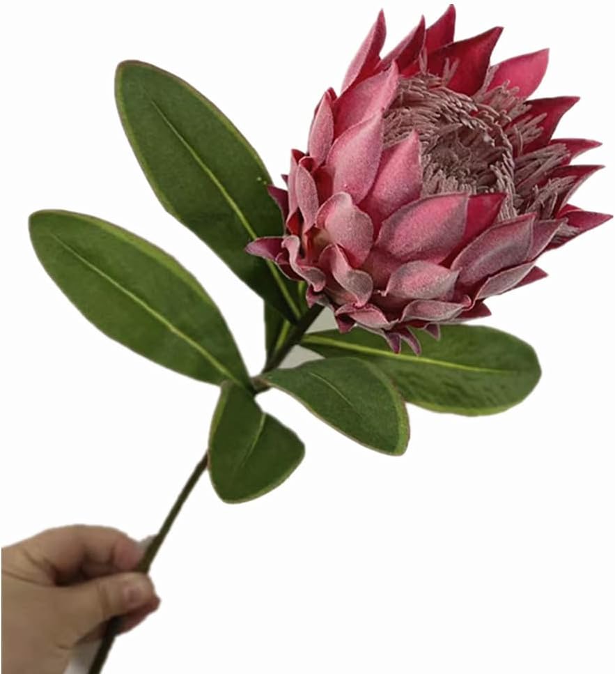 3pcs Artificial Protea Flower Single Stem, 19" Flocked Faux King Protea, Lifelike Long Stem Flowers for Wedding Centerpieces Floral Arrangement, Boho Home Hotel Table Decor (red)