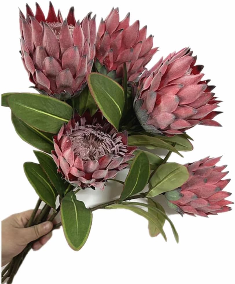 3pcs Artificial Protea Flower Single Stem, 19" Flocked Faux King Protea, Lifelike Long Stem Flowers for Wedding Centerpieces Floral Arrangement, Boho Home Hotel Table Decor (red)