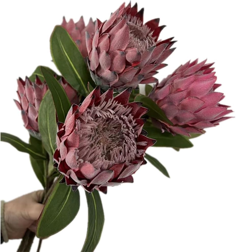 3pcs Artificial Protea Flower Single Stem, 19" Flocked Faux King Protea, Lifelike Long Stem Flowers for Wedding Centerpieces Floral Arrangement, Boho Home Hotel Table Decor (red)