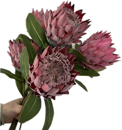 3pcs Artificial Protea Flower Single Stem, 19" Flocked Faux King Protea, Lifelike Long Stem Flowers for Wedding Centerpieces Floral Arrangement, Boho Home Hotel Table Decor (red)